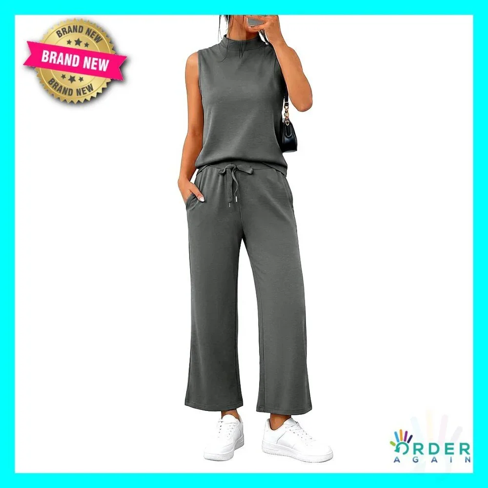 Mock Neck Tank Top Cropped Wide Leg Pants Lounge Set Athleisure Two Piece Outfit